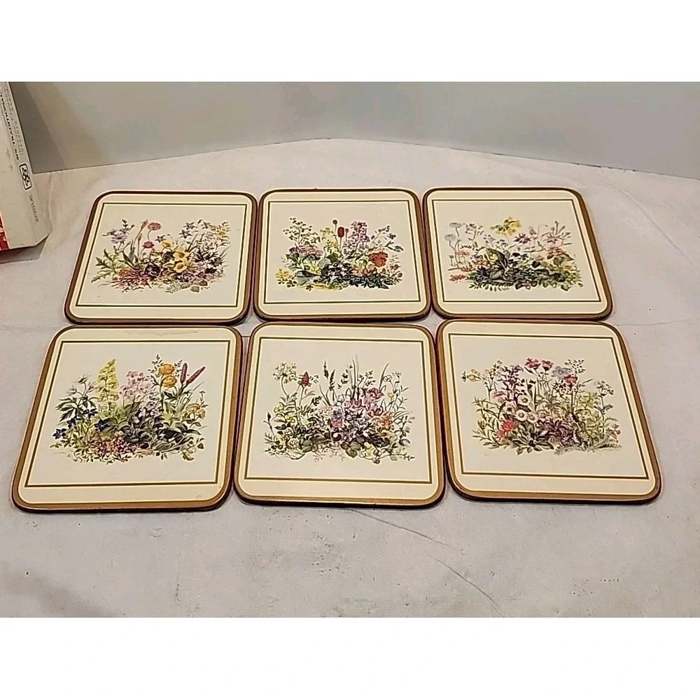 Pimpernel Set of‎ 6 VTG 'Meadow Floral' Design Cork Back Coasters W/Original Box